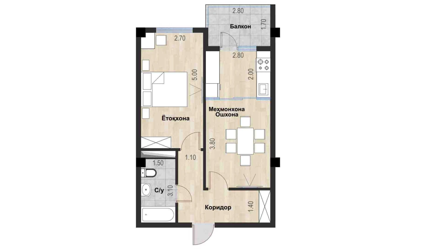 2-комн. квартира 46.61 м²  2/7 этаж | Жилой комплекс Bochka Resort