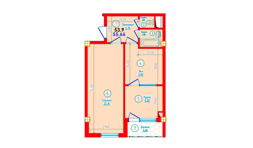 2-xonali xonadon 55.66 m²  11/12 qavat | S-Tower Turar-joy majmuasi