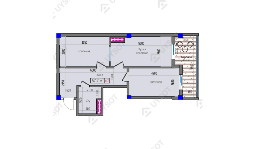 2-комнатная квартира 67.7 м²  2/16 этаж | Жилой комплекс Park Avenue