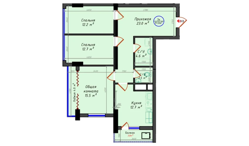 3-комнатная квартира 91.1 м²  5/21 этаж | Жилой комплекс Brilliant City