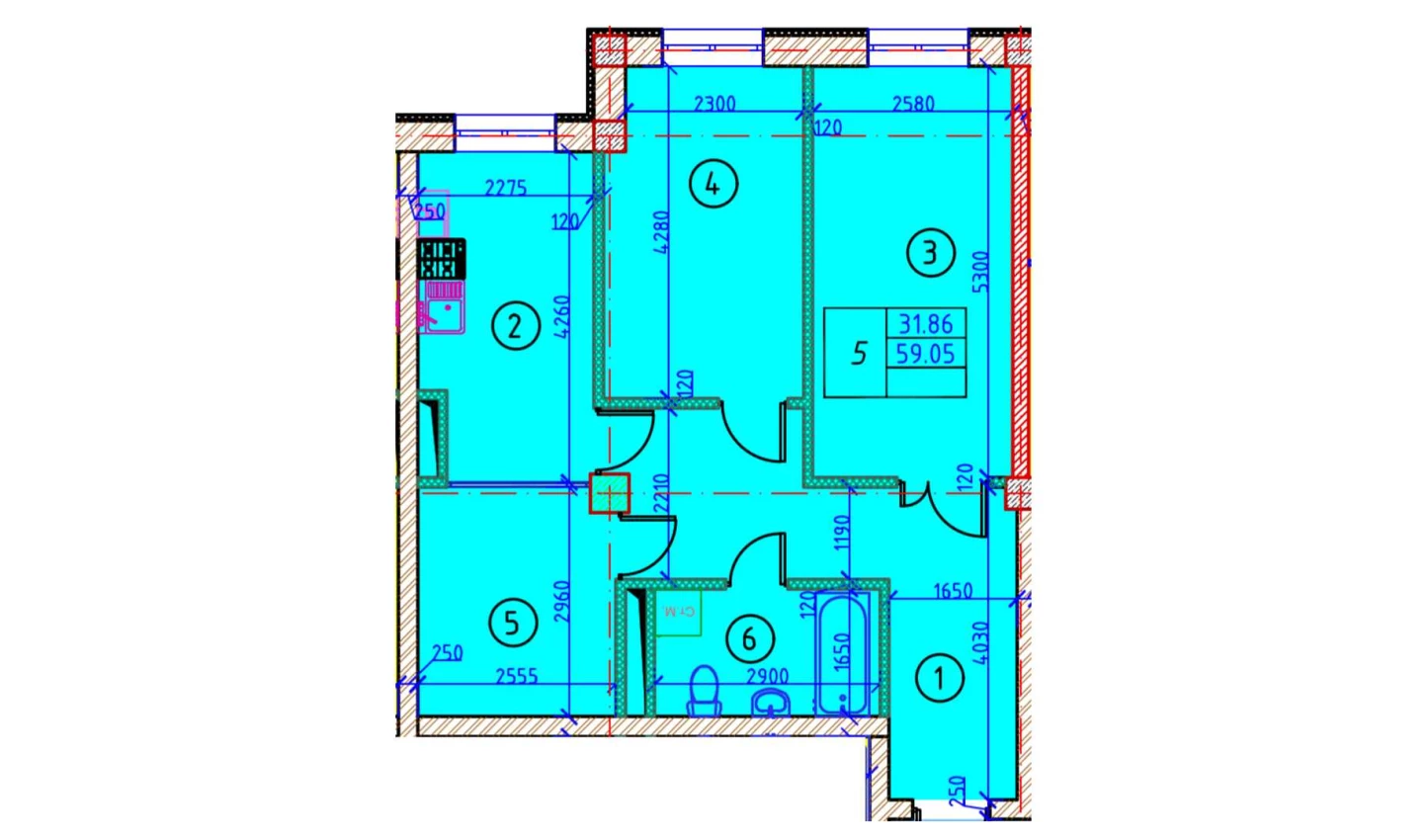 2-xonali xonadon 59.05 m²  2/10 qavat | YANGIOBOD RESIDENCE Turar-joy majmuasi