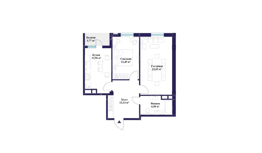 2-комнатная квартира 73.09 м²  5/10 этаж | Жилой комплекс KAMALAK