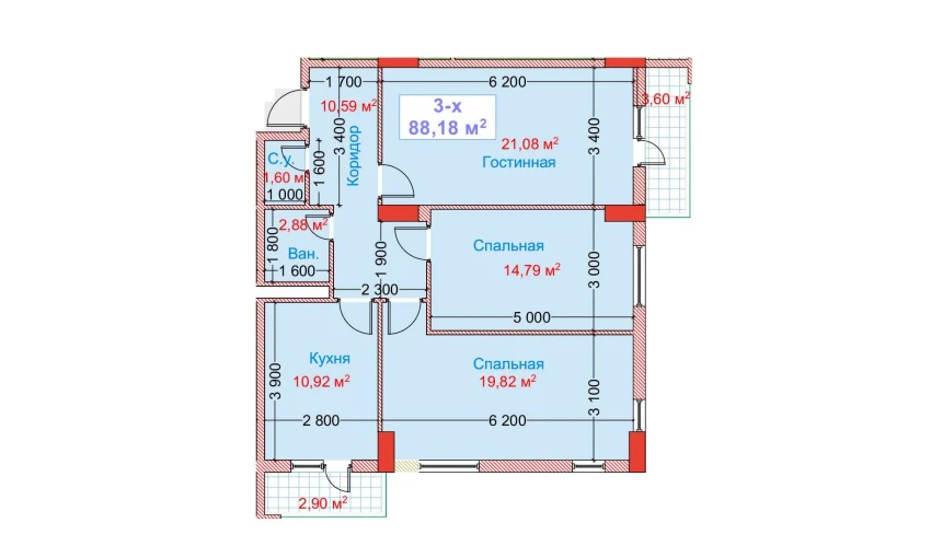 3-xonali xonadon 88.15 m²  8/8 qavat | CAPITAL AVENUE Turar-joy majmuasi