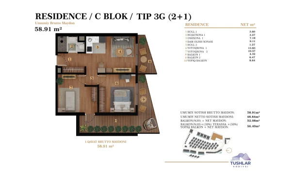 3-комнатная квартира 56.4 м²  4/7 этаж | Жилой комплекс TUSHLAR VODIYSI