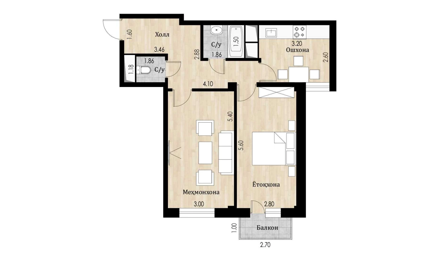 2-xonali xonadon 58.37 m²  4/10 qavat | Ko'kcha-Oqtepa Turar-joy majmuasi
