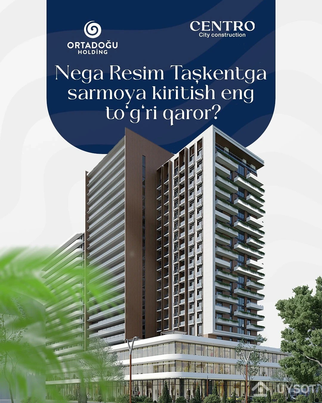 “Nega Resim Tașkentga sarmoya kiritish eng to‘g‘ri qaror?”
🏗 Premium sifat:
Ortadoğu Holding tomonidan qurilgan – 40+ yillik tajriba, mustahkamlik va ishonch!
📍 Joylashuv:
Shahar markaziga yaqin, qulay transport va rivojlangan infratuzilma.
🏢 Biznes klass darajasi:
Zamonaviy dizayn, keng xona rejalari, 4 qavatli avtoturargoh.
💸 Sarmoya uchun foydali:
Uylar 2025 - yil oxirida topshiriladi. Bugun olgan uy – ertangi foyda!
🎯 Uy olishni rejalashtiryapsizmi?
Bugun bog‘laning va bepul konsultatsiya oling! +99878 113-63-50 “Nega Resim Tașkentga sarmoya kiritish eng to‘g‘ri qaror?”
🏗 Premium sifat:
Ortadoğu Holding tomonidan qurilgan – 40+ yillik tajriba, mustahkamlik va ishonch!
📍 Joylashuv:
Shahar markaziga yaqin, qulay transport va rivojlangan infratuzilma.
🏢 Biznes klass darajasi:
Zamonaviy dizayn, keng xona rejalari, 4 qavatli avtoturargoh.
💸 Sarmoya uchun foydali:
Uylar 2025 - yil oxirida topshiriladi. Bugun olgan uy – ertangi foyda!
🎯 Uy olishni rejalashtiryapsizmi?
Bugun bog‘laning va bepul konsultatsiya oling! +99878 113-63-50