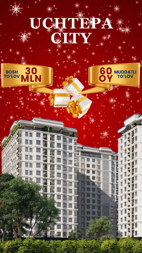 Qadrli mijozlar!🎁🌲

Yangi yil arafasida sizning xohish istaklaringizni inobatga olib, biz maxsus aksiyamizni yana faollashtirishga qaror qildik!

Faqat 30ta xonadon uchun amal qiladigan taklifimiz:
Bosh to'lov: 30 mln so'm
Muddatli to'lov: 60 oy foizlarsiz

Bu yilgi "Yangi yil" sizga ajoyib imkoniyatdan foydalanish fursatini taqdim etmoqda!

Yangi yilni yangi imkoniyatlar bilan kutib oling!🎁🌲

☎️ + 998 78 113 67 27