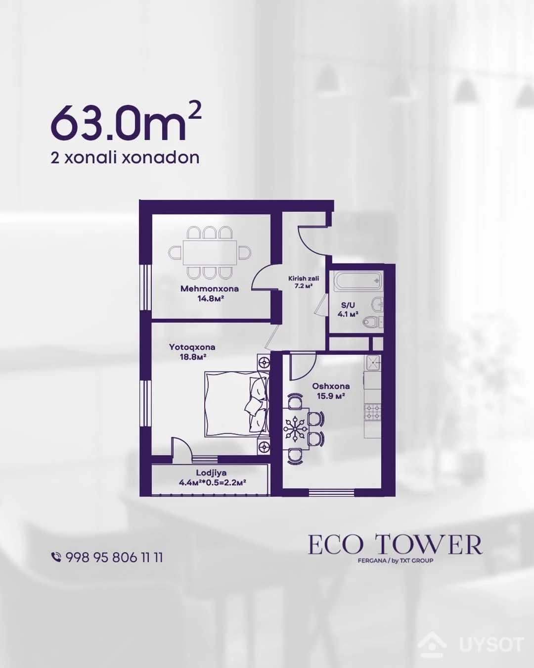 Eco Towerʼdagi 2 xonali xonadonlar oila uchun eng munosib tanlovdir. Ular qulaylik, kenglik va zamonaviylikni birlashtirgan holda, siz va yaqinlaringiz uchun ideal yashash muhitini taqdim etadi.
Bunday xonadonlar mehmonlarni kutish uchun alohida xona borligi koʻpchilikni xursand qiladi. Shuningdek, kattalar va bolalar oʻz yotoqxonasiga ega boʻladi. Xonadonlar zamonaviy arxitektura uslublariga mos ravishda quriladi.
📞Telefon: +99878 113-63-50 Eco Towerʼdagi 2 xonali xonadonlar oila uchun eng munosib tanlovdir. Ular qulaylik, kenglik va zamonaviylikni birlashtirgan holda, siz va yaqinlaringiz uchun ideal yashash muhitini taqdim etadi.
Bunday xonadonlar mehmonlarni kutish uchun alohida xona borligi koʻpchilikni xursand qiladi. Shuningdek, kattalar va bolalar oʻz yotoqxonasiga ega boʻladi. Xonadonlar zamonaviy arxitektura uslublariga mos ravishda quriladi.
📞Telefon: +99878 113-63-50