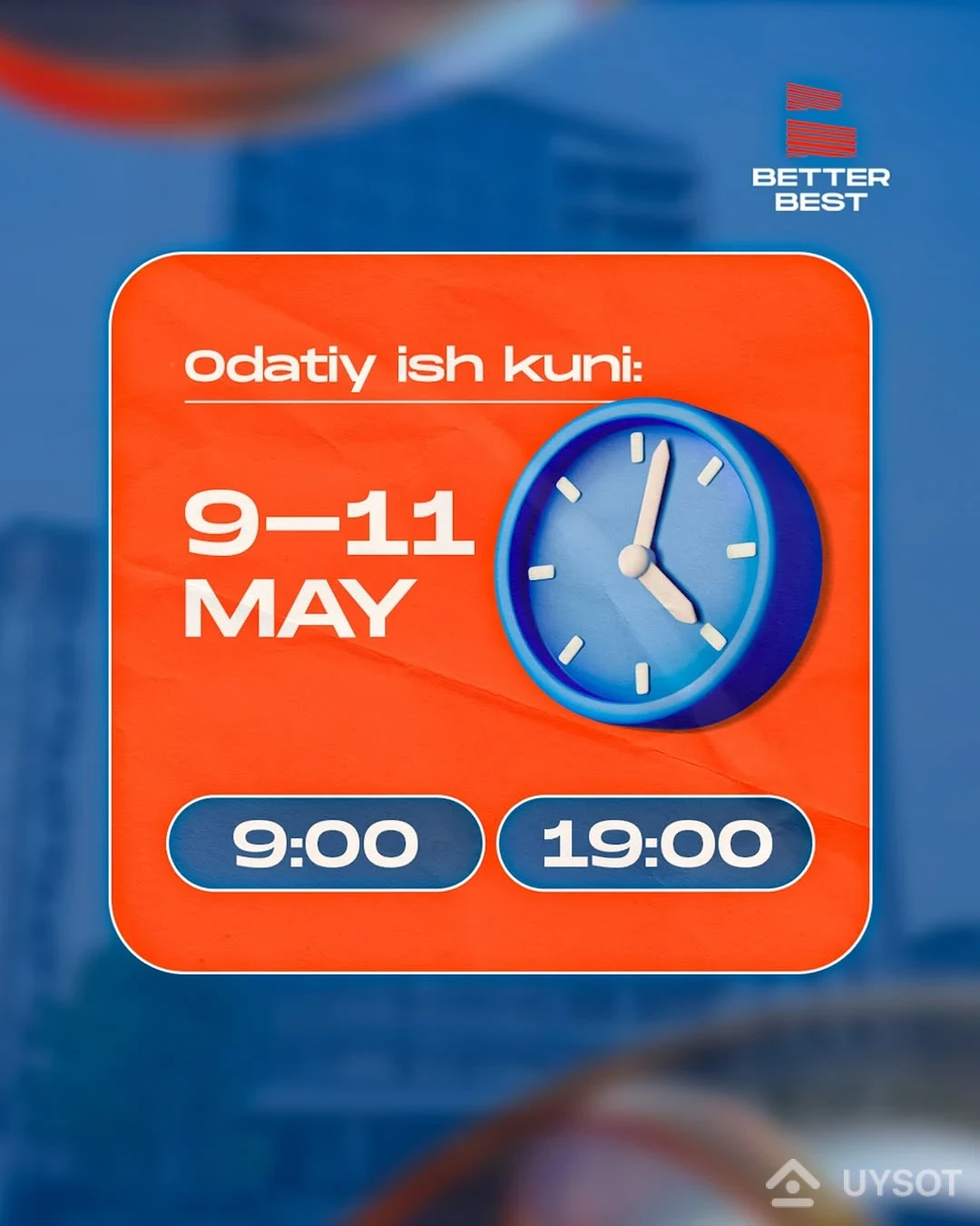 Jamoamiz dam olish kunlarisiz ish faoliyatida bo'ladi!
🔥 «Better Best» savdo ofislari 9-may munosabati bilan e'lon qilingan (9-10-11-may) dam kunlari ham ish faoliyatida bo'ladi! Sizni odatdagidek, soat 09:00 dan 19:00 gacha ofislarimizda kutamiz!
Aksiya doirasida UYli bo'ling! Dam olish kunlaringizda ham qo'ng'iroq qilib sanoqli xonadonlardan birini qo'lga kiriting!
📞 +99878 113-63-50 Jamoamiz dam olish kunlarisiz ish faoliyatida bo'ladi!
🔥 «Better Best» savdo ofislari 9-may munosabati bilan e'lon qilingan (9-10-11-may) dam kunlari ham ish faoliyatida bo'ladi! Sizni odatdagidek, soat 09:00 dan 19:00 gacha ofislarimizda kutamiz!
Aksiya doirasida UYli bo'ling! Dam olish kunlaringizda ham qo'ng'iroq qilib sanoqli xonadonlardan birini qo'lga kiriting!
📞 +99878 113-63-50