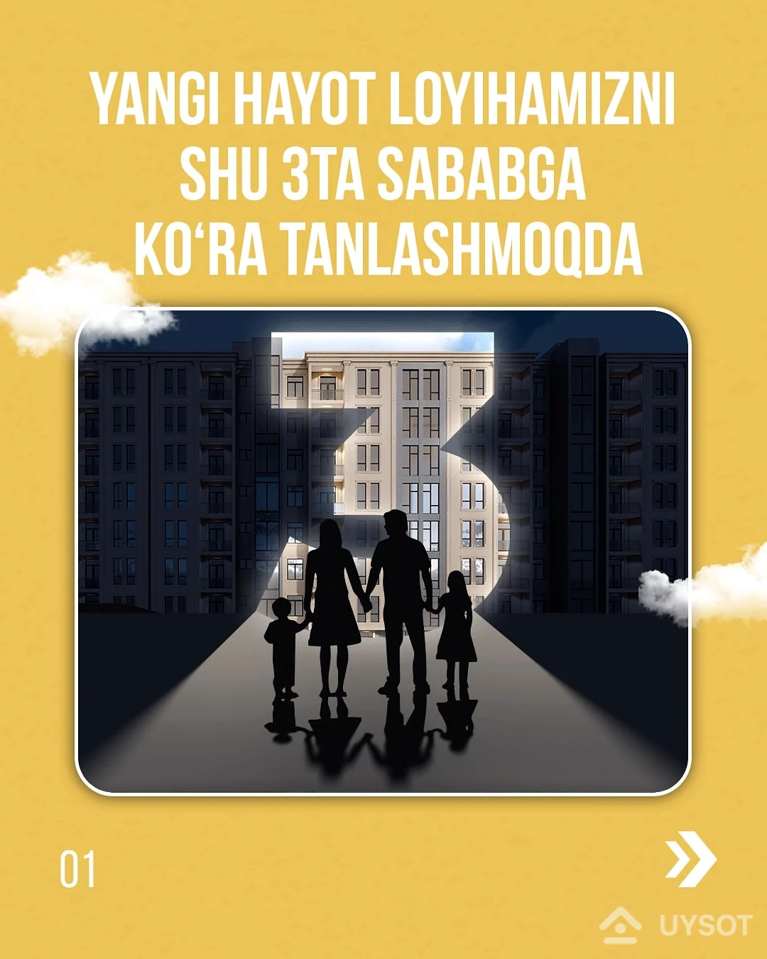 Yangi Hayot TJMni asosan shu 3ta sababga ko’ra tanlashmoqda
1. Qulay joylashuv va infratuzilma: Atrofida Maktab, Universitet, Masjid, Sabdo markazlari va sayr qilish uchun bog’
2. 24/7 Qo’riqlash tizimi: Kameralar va kirish chiqishda qo’riqchilar
3. Shahar markaziga nisbatdan arzon narxlar, Keng va shinam xonadonlar Yangi Hayot TJMni asosan shu 3ta sababga ko’ra tanlashmoqda
1. Qulay joylashuv va infratuzilma: Atrofida Maktab, Universitet, Masjid, Sabdo markazlari va sayr qilish uchun bog’
2. 24/7 Qo’riqlash tizimi: Kameralar va kirish chiqishda qo’riqchilar
3. Shahar markaziga nisbatdan arzon narxlar, Keng va shinam xonadonlar