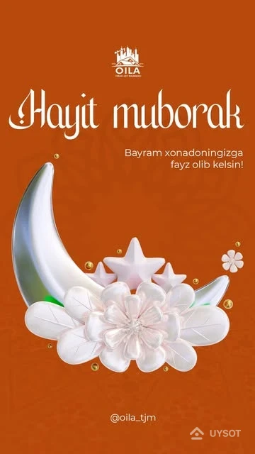 Hayit muborak bo‘lsin! Ushbu muborak kun sizga tinchlik, baxt va baraka olib kelsin. Dilangizda doimo osoyishtalik, xonadoningizda farovonlik, hayotingizda esa faqat shodlik va muvaffaqiyatlar bo‘lsin. Barcha duolaringiz ijobat bo‘lib, ezgu niyatlaringiz amalga oshsin. Yana bir bor bayramingiz muborak bo‘lsin!🌙🤲🏻

Пусть праздник Хаит будет благословенным! Пусть этот священный день принесет вам мир, счастье и благополучие. Пусть в душе всегда будет спокойствие, в доме — достаток, а в жизни — только радость и успех. Пусть все ваши молитвы будут услышаны, а добрые намерения исполнятся. Еще раз с праздником вас!🤲🏻🌙