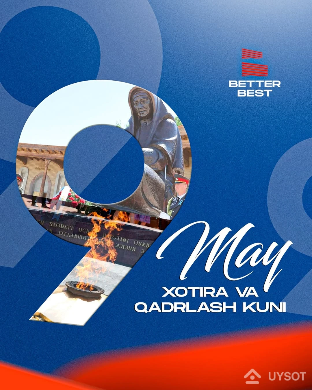 Sizni 9-may Xotira va qadrlash kuni bilan samimiy tabriklaymiz!
🎗 Insonlar qurayotgan har bir imorat, ko'tarilgan har bir devor, yotqizilgan har bir g'isht zaminida tinchlik va osoyishtalik yotadi. Bugun, 9-may kuni, ota-bolalarimiz ko‘rsatgan mislsiz jasorat va matonatni xotirlaymiz.
«Better Best» jamoasi nomidan barchangizga sihat-salomatlik, oilalaringizga farovonlik, yurtimizga tinchlik tilab qolamiz! Sizni 9-may Xotira va qadrlash kuni bilan samimiy tabriklaymiz!
🎗 Insonlar qurayotgan har bir imorat, ko'tarilgan har bir devor, yotqizilgan har bir g'isht zaminida tinchlik va osoyishtalik yotadi. Bugun, 9-may kuni, ota-bolalarimiz ko‘rsatgan mislsiz jasorat va matonatni xotirlaymiz.
«Better Best» jamoasi nomidan barchangizga sihat-salomatlik, oilalaringizga farovonlik, yurtimizga tinchlik tilab qolamiz!