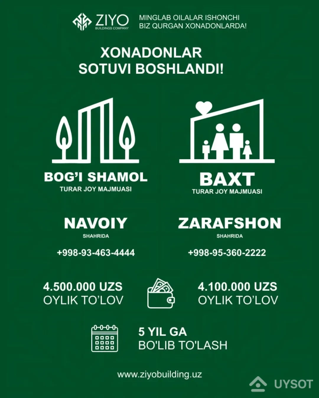 🏗 Ziyo Buildings - Qurilish korxonasi
Minglab oilalar ishonchi -
Biz qurgan xonadonlarda!
📣 NAVOIY VA ZARAFSHON 🎉
📣 SHAHARLARIDA 🎉
💵 5 yil muddatga BO'LIB TO'LASH
OYLIK to'lov 4.000.000 so'mdan boshlab
Batafsil ma'lumot :
📞 +998-+99878 113-63-50
📞 +998-+99878 113-63-50
🌐 www.ziyobuildings.uz 🏗 Ziyo Buildings - Qurilish korxonasi
Minglab oilalar ishonchi -
Biz qurgan xonadonlarda!
📣 NAVOIY VA ZARAFSHON 🎉
📣 SHAHARLARIDA 🎉
💵 5 yil muddatga BO'LIB TO'LASH
OYLIK to'lov 4.000.000 so'mdan boshlab
Batafsil ma'lumot :
📞 +998-+99878 113-63-50
📞 +998-+99878 113-63-50
🌐 www.ziyobuildings.uz