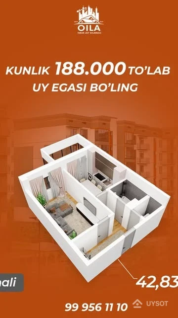 Endi har kunni 188,000 so‘m to‘lab, kvartira sotib olish imkoniyatiga ega bo‘lishingiz mumkin. Bu — kichik miqdordagi pul to‘lovlari orqali o‘zingizga kvartira olishning ajoyib imkoniyati! Oila turar joy majmuasi — siz uchun har doim yuqori sifat va barqarorlikni ta'minlaydi🔥😊

Sotuv bo'limi : SKM "Megacenter"
Aloqa : +99878 113-63-50

___________

Теперь у вас есть возможность приобрести квартиру, оплачивая всего по 188 000 сум в день. Это отличная возможность купить квартиру, выплачивая небольшие суммы! Oila turar joy majmuasi — это всегда высокое качество и надежность для вас🔥😊

Офис продаж : "Мегацентр" 
работает с 9:00 до 20:00. 
Ждем вас ежедневно!
Телефон для справок:
+99878 113-63-50