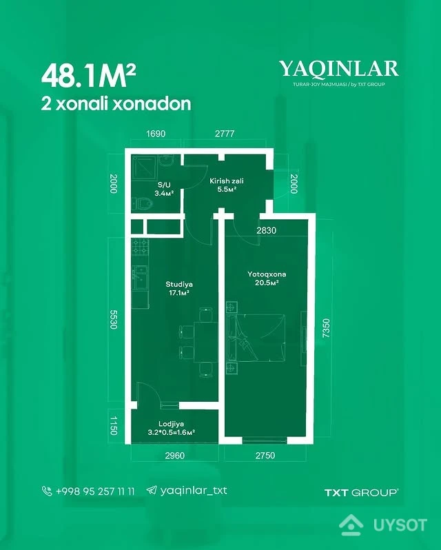 YAQINLAR – Kichik maydonda katta qulaylik!
48.1 m² maydondagi 2 xonali xonadon – zamonaviy studiya, keng yotoqxona va qulay lodjiya bilan yashash uchun ideal sharoit yaratadi. Har bir metr kvadrat oqilona rejalashtirilgan, shinamlik va farovonlik ta’minlangan.
Shinam uyga ega bo‘lish imkoniyatini boy bermang!
Telefon: +99878 113-63-50 YAQINLAR – Kichik maydonda katta qulaylik!
48.1 m² maydondagi 2 xonali xonadon – zamonaviy studiya, keng yotoqxona va qulay lodjiya bilan yashash uchun ideal sharoit yaratadi. Har bir metr kvadrat oqilona rejalashtirilgan, shinamlik va farovonlik ta’minlangan.
Shinam uyga ega bo‘lish imkoniyatini boy bermang!
Telefon: +99878 113-63-50