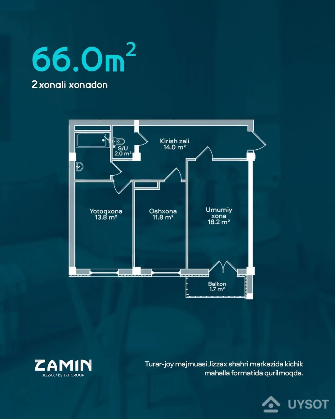 Zamin – Jizzax markazidagi yorug‘ va shinam xonadonlar!
66 kv.m maydonga ega 2 xonali bu xonadonlar oilaviy yashash uchun juda mos. Alohida oshxona, keng zal, yorug‘ yotoqxona va balkon — barchasi sizning qulayligingiz uchun rejalashtirilgan.
Telefon: +99878 113-63-50 Zamin – Jizzax markazidagi yorug‘ va shinam xonadonlar!
66 kv.m maydonga ega 2 xonali bu xonadonlar oilaviy yashash uchun juda mos. Alohida oshxona, keng zal, yorug‘ yotoqxona va balkon — barchasi sizning qulayligingiz uchun rejalashtirilgan.
Telefon: +99878 113-63-50