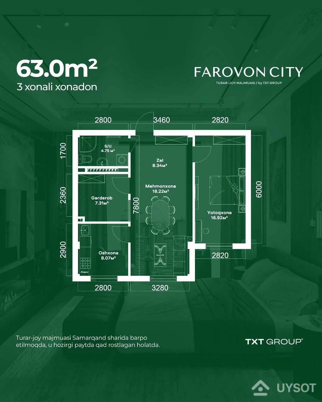 Farovon City – Samarqanddagi qulay va zamonaviy turar-joy majmuasi!
63 m² maydonga ega 3 xonali xonadonlar siz va oilangiz uchun qulaylik va shinamlik yaratadi. Hozir qad rostlagan holatda.
Tafsilotlarni bilish uchun biz bilan bog‘laning!
Telefon: +99878 113-63-50 Farovon City – Samarqanddagi qulay va zamonaviy turar-joy majmuasi!
63 m² maydonga ega 3 xonali xonadonlar siz va oilangiz uchun qulaylik va shinamlik yaratadi. Hozir qad rostlagan holatda.
Tafsilotlarni bilish uchun biz bilan bog‘laning!
Telefon: +99878 113-63-50